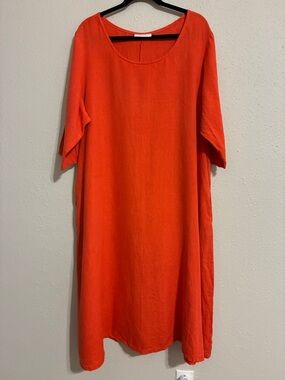 bryn Walker Bold Orange Midi Scoop-Neck Linen Dress